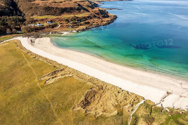 Aerial view of Calgary beach, a sandy beach on the west coast of Isle of Mull, Scotland, UK