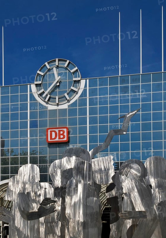A stainless steel figure group at the main railway station entitled The Ring by Horst Antes, Düsseldorf, North Rhine-Westphalia, Germany, Europe