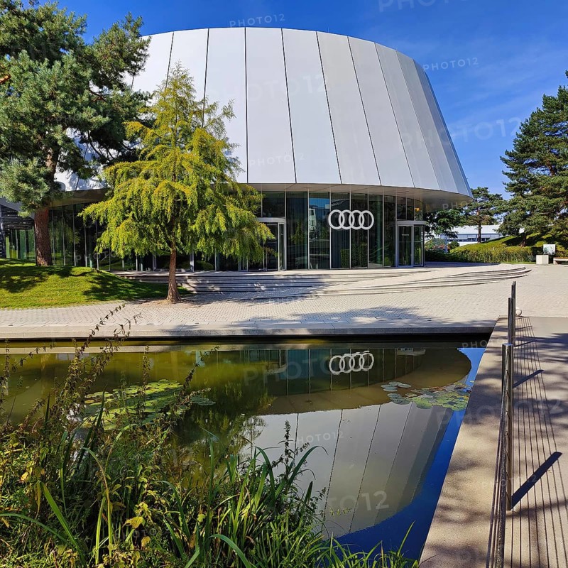 Audi brand pavilion in the Autostadt Landscape Park, Volkswagen AG, Wolfsburg, Lower Saxony, Germany, Europe