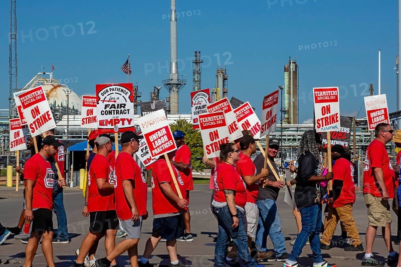 Detroit, Michigan USA, 5 September 2024, Members of the Teamsters Union are in the second day of a strike against the Marathon Petroleum refinery. The union has been working without a contract since January. The main issues are a wage increase to match the last four years' inflation and preserving benefits. Marathon has brought in replacement workers to keep the refinery operating
