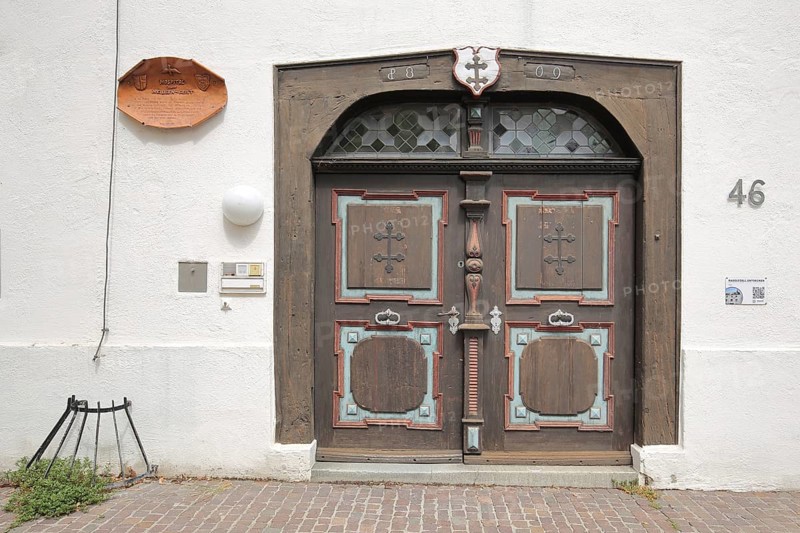 Portal of the Heilig-Geist-Spital-Kapelle built in 1541, wooden door, church door, Radolfzell, Untersee, Lake Constance, Lake Constance area, Hegau, Baden-Württemberg, Germany, Europe