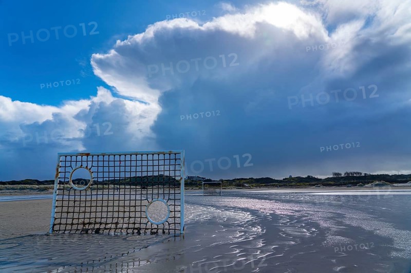 Football pitch, football field, Tor tor, on the beach, tidal creek, in the west of Borkum, island, East Frisia, winter, season, autumn, Lower Saxony, Germany, Europe
