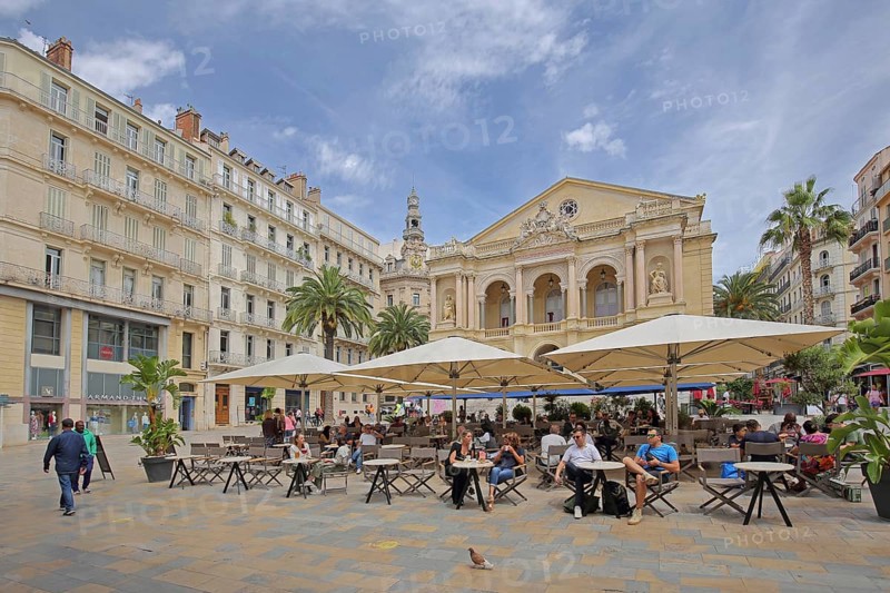 Street pub with guests, people and opera, theatre, houses, Place Victor Hugo, Toulon, Var, Provence, France, Europe