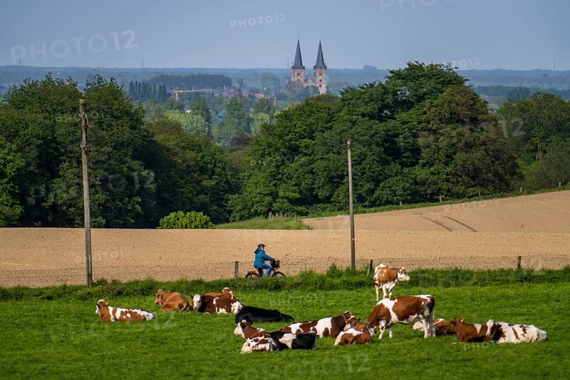Sonsbecker Schweiz, part of the Lower Rhine mountain range, an end moraine pushed up during the last glacial period, 87 metres above sea level, view from Dürsberg towards Xanten, North Rhine-Westphalia, Germany, Europe