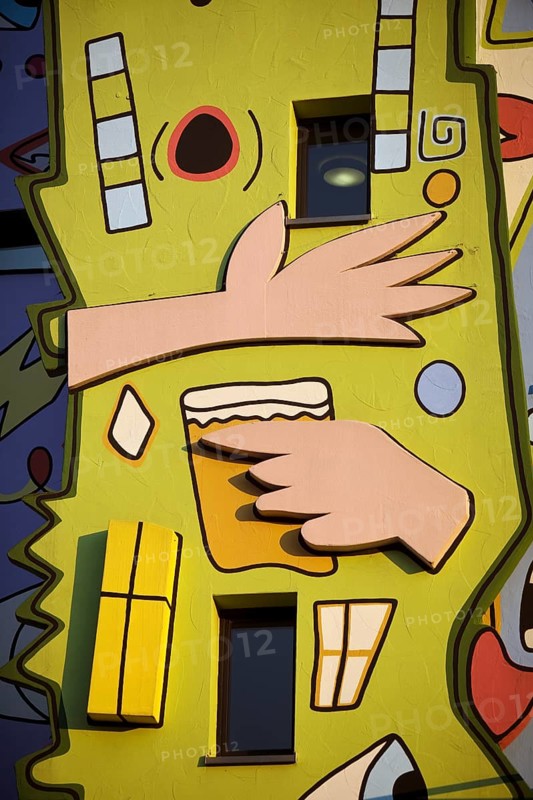 Happy Rizzi House, designed by the artist James Rizzi in pop art paintings, detail of the façade, Braunschweig, Lower Saxony, Germany, Europe
