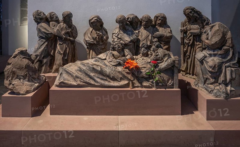 Sculptural representation of the Death of the Virgin Mary in St Kilian's Cathedral, Würzburg, Lower Franconia, Bavaria, Germany, Europe