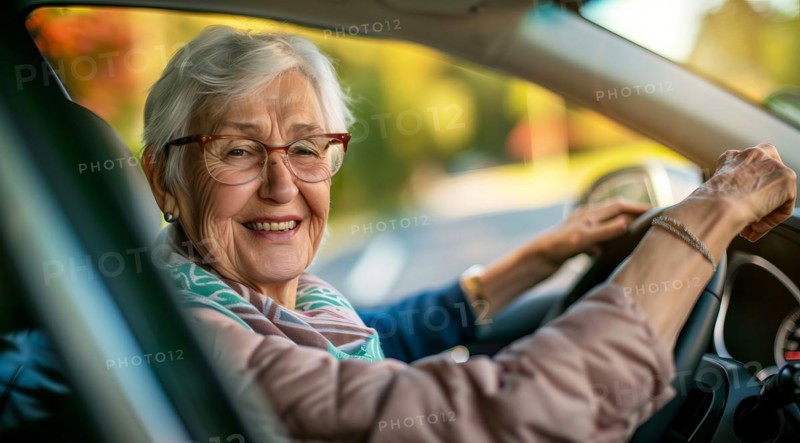 A happy senior woman in glasses is driving a car and smiling, AI generated