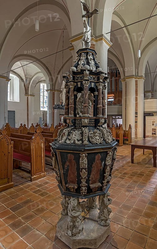 Richly carved late Renaissance baptismal font, case from 1653, St Mary's Church, Brick Gothic, Klütz, Mecklenburg-Western Pomerania, Germany, Europe