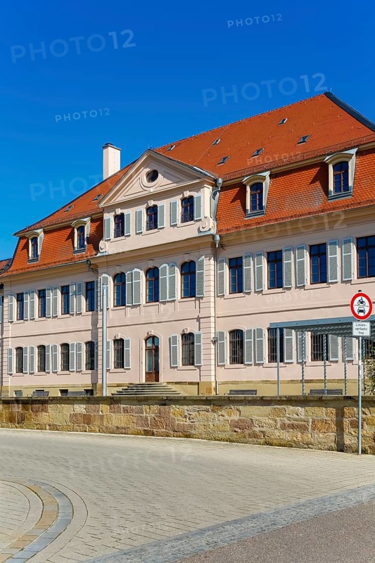 Stadionsche Schloss Bönnigheim, building, architecture, historical building, late baroque style, master builder Anton Haaf, built in 1756 on behalf of Imperial Count Anton Heinrich Friedrich von Stadion, Minister and Chancellor of the Archbishop and Elector of Mainz, small country palace, summer residence, windows, white shutters, roof, south side, Bönnigheim, Ludwigsburg district, Baden-Württemberg, Germany, Europe