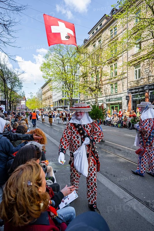 Participants dressed up as jesters from the guest canton of Schwyz, jesters' symposium of the Märchler carnival societies, parade of historically costumed guildsmen, Sechseläuten or Sächsilüüte, Zurich Spring Festival, Zurich, Switzerland, Europe