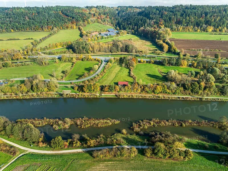 Aerial view of Main-Donau Kanal, near village Plankstetten, fields and meadows, Berching, Bavaria, Germany, Europe