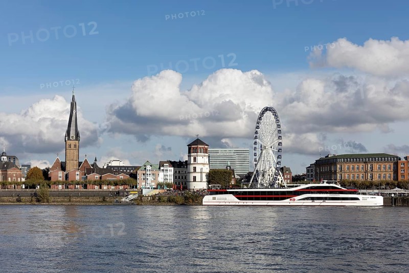 Rhine bank with St. Lambertus, castle tower and Ferris wheel, KD event ship MS Rheingalaxie, Düsseldorf Old Town, Düsseldorf, North Rhine-Westphalia, Germany, Europe