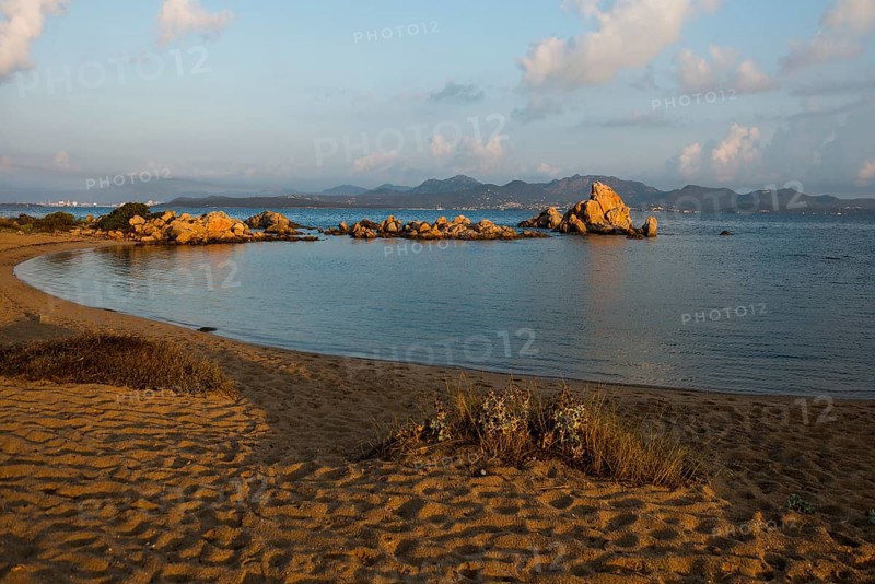Lonely beach with granite rocks, sunrise, Spiaggia Poltu Manzu, Capo Ceraso, near Olbia, Sardinia, Italy, Europe