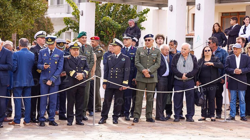 Gathering of people in military uniforms at a formal outdoor event, visit of Federal President Frank-Walter Steinmeier to Kandanos on 31 October 2024, Federal President, Frank-Walter Steinmeier, memorial, war crimes, Nazis, Wehrmacht crimes, World War II, Kandanos, Southwest Crete, Crete, Greek Islands, Greece, Europe