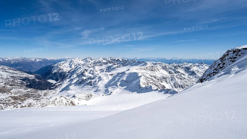 Panorama, mountain panorama, snow-covered mountain landscape in winter, Fürkeleferner glacier, view into the Martell Valley, ascent to Monte Cevedale, Ortler Alps, Vinschgau Valley, Italy, Europe