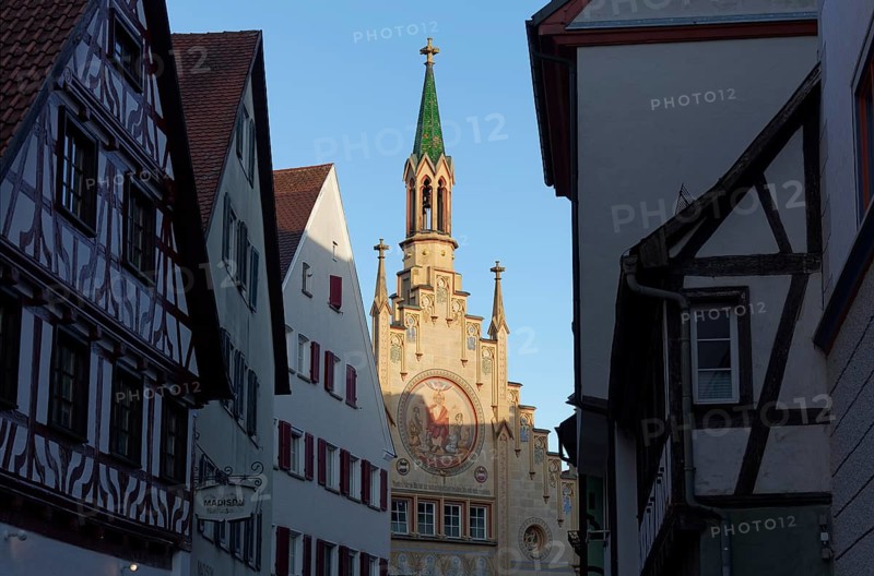 Old town alley with view of the Hospital of the Holy Spirit, neo-Gothic façade, Bad forest lake, Upper Swabia, Baden-Württemberg, Germany, Europe