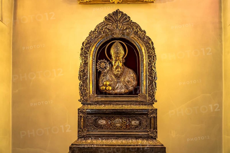 Silver bust reliquary of St Nicholas in the interior of the parish church of St Nicholas in Rosenheim, Bavaria, Germany, Europe