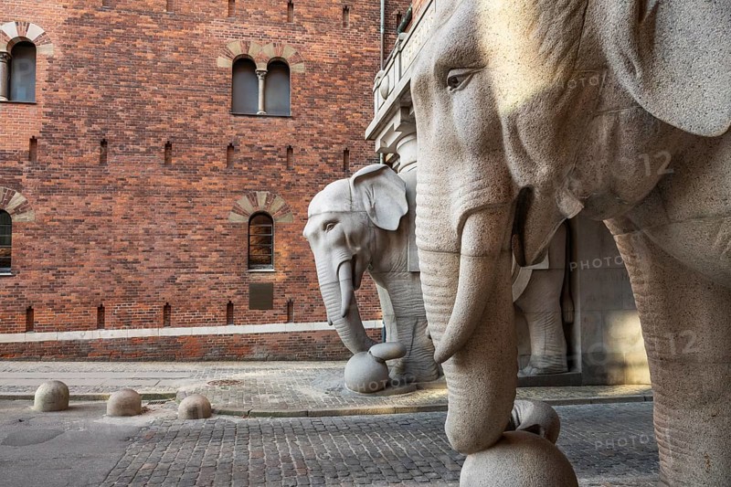 Monumental stone elephants, Elephant Gate or Elephant Portal or Elefantporten, designed by architect Vilhelm Dahlerup, Carlsberg district, Copenhagen, Denmark, Europe