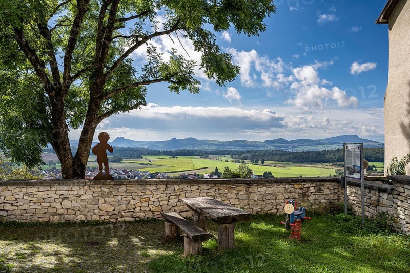 Viewing terrace from the historic upper town of Aach in Hegau with a view of the volcanic cones Hohentwiel, Hohenkrähen, Mägdeberg and Hohenstoffeln, district of Constance, Baden-Württemberg, Germany, Europe
