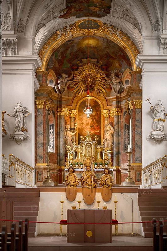 Interior view of the main altar with painting St John on Patmos by Johann Baptist Zimmermann, Neumünster parish church, Würzburg, Lower Franconia, Bavaria, Germany, Europe