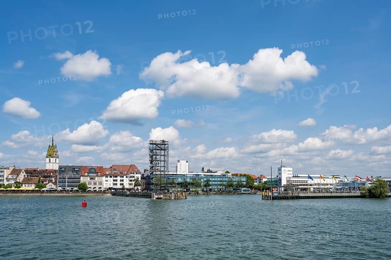 View from the car ferry across Lake Constance to the harbour entrance and waterfront promenade of the city of Friedrichshafen, Lake Constance district, Baden-Württemberg, Germany, Europe