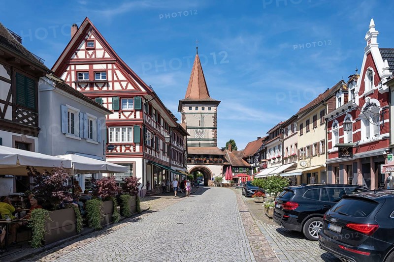 Half-timbered buildings with the Obertorturm, Haigeracher Tor, historic town tower and landmark in the old town centre of Gengenbach, Ortenaukreis, Baden-Württemberg, Germany, Europe