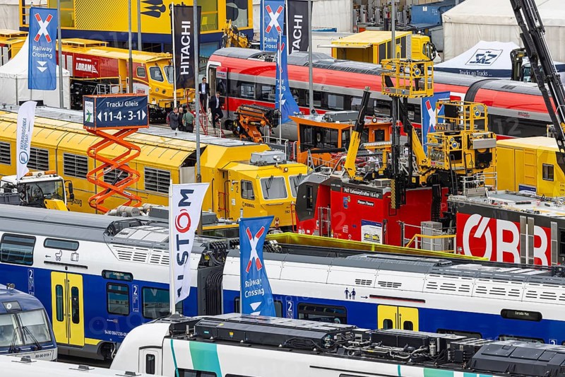 InnoTrans 2024. international trade fair for railway and transport technology. Open-air site with 3500 metres of track, overview. 130 vehicles on display: Multiple units, high-speed trains, road-rail vehicles, wagons. Berlin Exhibition Centre, Germany, Europe
