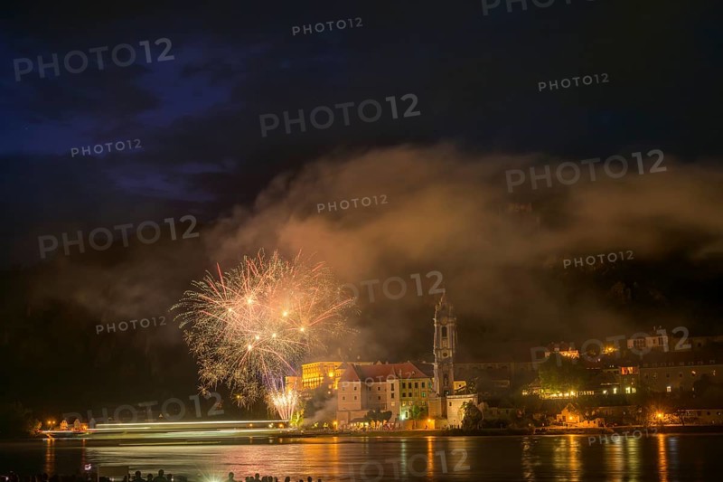 Solstice fireworks with a view of Dürnstein, Rossatz-Arnsdorf, Lower Austria, Austria, Europe