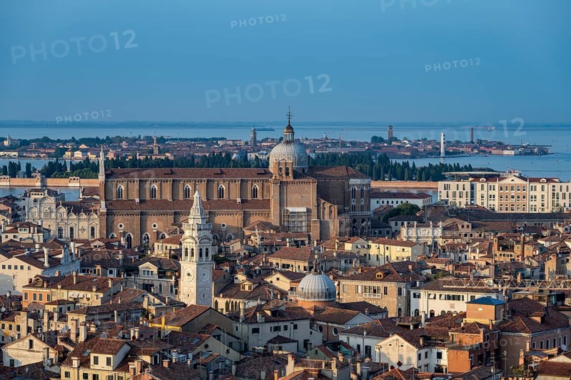 View over the roofs of Venice to the church Basilica dei Santi Giovanni e Paolo in the evening light, view from the bell tower Campanile di San Marco, city view of Venice, Veneto, Italy, Europe