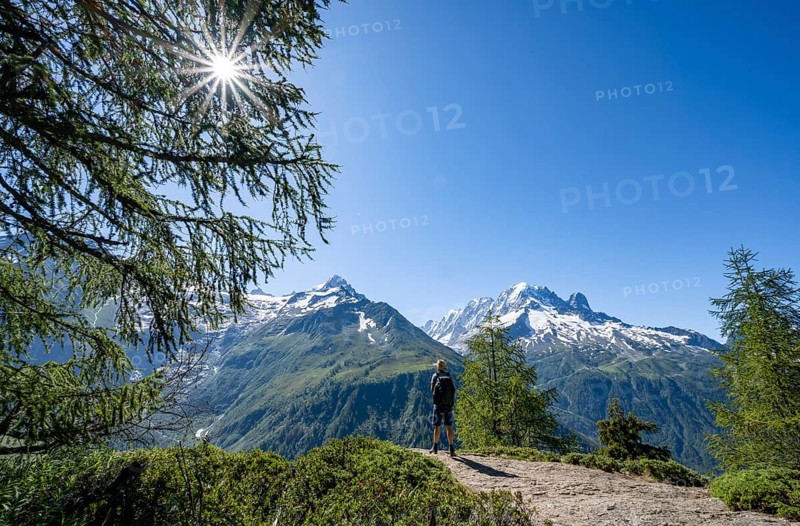 Mountaineer on hiking trail, mountain panorama with glaciated mountain peaks, Aiguille Verte, hike to Aiguillette des Posettes, Chamonix, Haute-Savoie, France, Europe