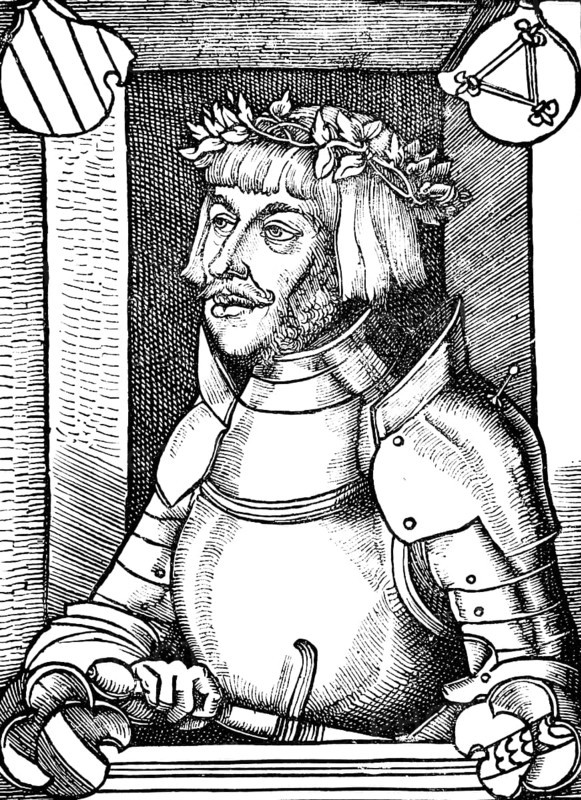 Portrait of Ulrich von Hutten (1488-1523) with ancestral coat of arms and knight's armour, after a woodcut, Franconian nobility, Steckelberg Castle, Schlüchtern, historical illustration 1883