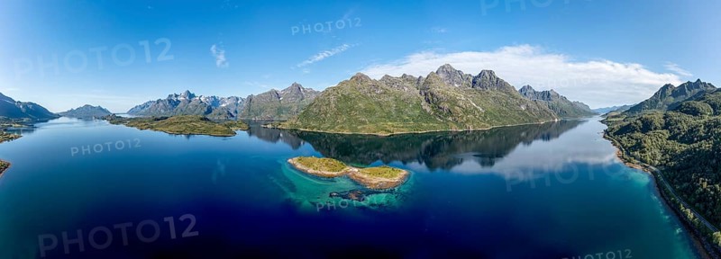 Panoramic aerial view over fjord Raftsund, the waterway between Lofoten and Vesteralen island, island Rognholman in front, entry to famous Trollfjord in the back left, Norway, Europe