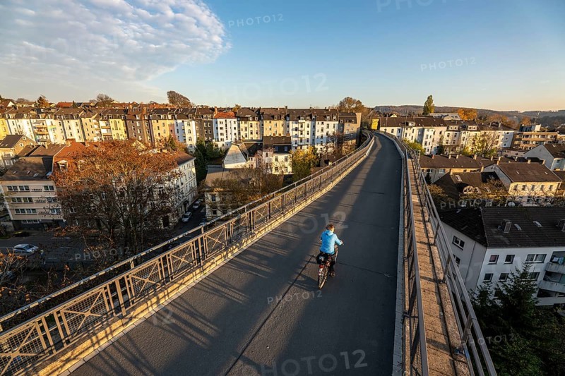 The Nordbahntrasse, a cycle path, footpath, on a former 22 km long railway line, along the west-east axis of Wuppertal, on the northern slope, branch of the Schwarzbachtrasse, with many tunnels, viaducts and views of the city, Wuppertal, North Rhine-Westphalia, Germany, Europe
