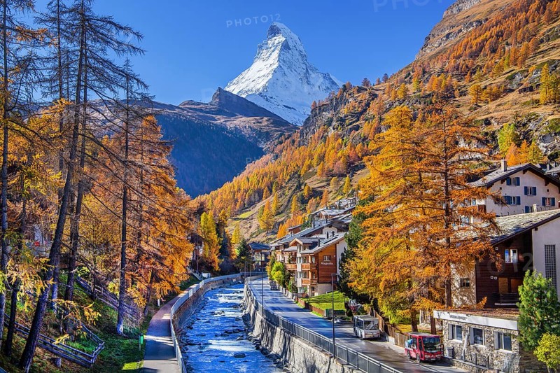 Mattervispa in the village area with Matterhorn 4478m in autumn, Zermatt, Mattertal, Valais, Switzerland, Europe