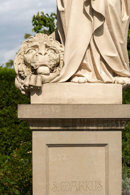 Mittelzell, Reichenau Island, Lake Constance, statue of St Mark, inscription, Lion of St Mark, Cathedral of St Mary and St Mark, Baden-Württemberg, Germany, Europe
