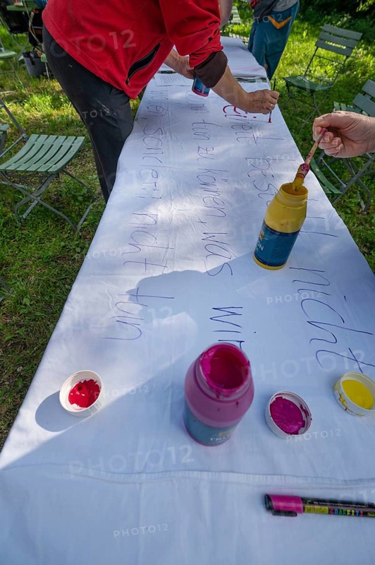 Preparation of banners for the democracy festival to mark 75 years of the Basic Law, Franconia, Bavaria, Germany, Europe