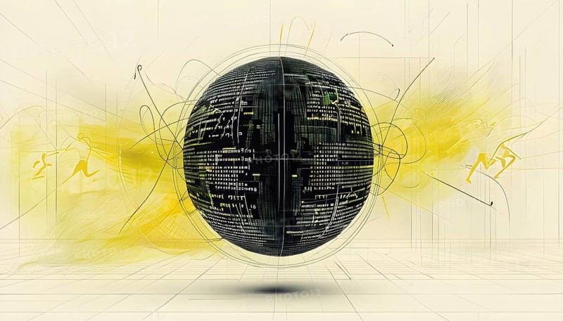 Illustration of an abstract, rotating digital sphere with patterns resembling AI algorithms, surrounded by faint lines tracing athletic motions, AI generated