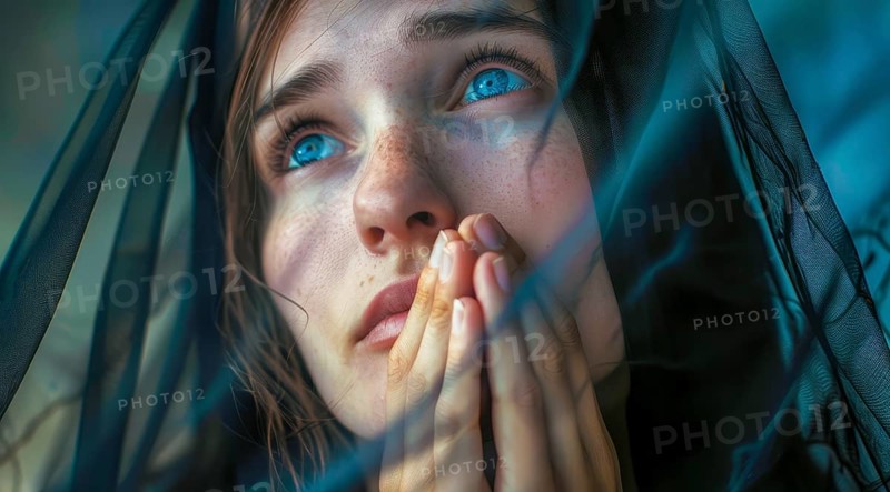 Christian praying in church for Jesus Christ. Spiritual Extasy and religious devotion concept, AI generated