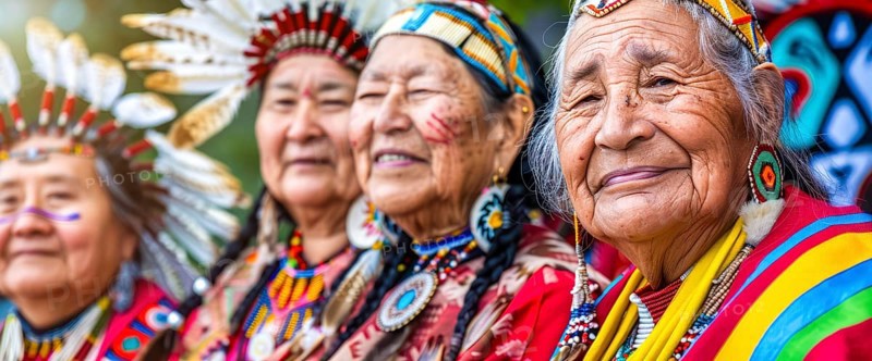 Smiling native indigenous people of Canada dressed in colorful native clothes, AI generated