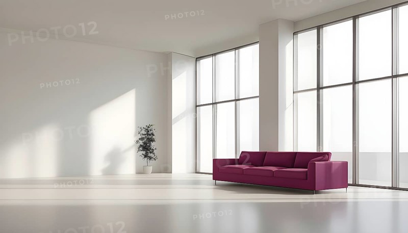 Minimalist living room with clean lines and neutral tones, featuring a modern magenta colored sofa, AI generated