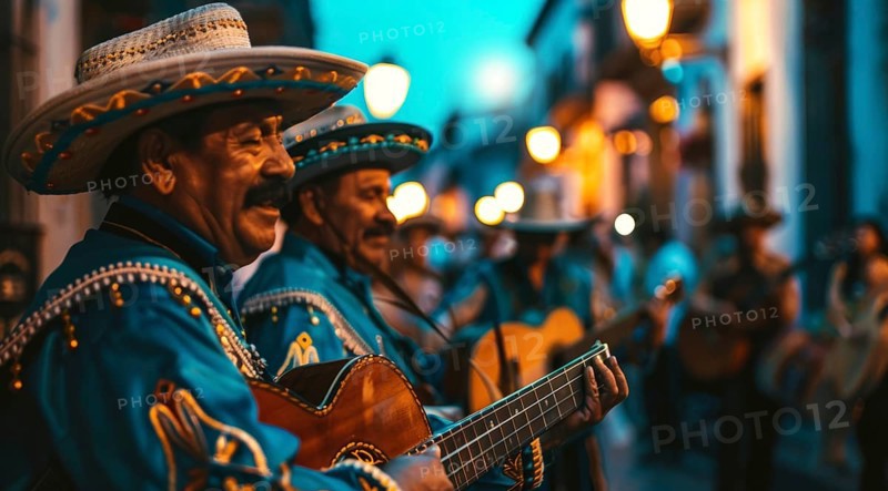 Mariachi Mexican musician band play during festive event on Mexican street in traditional costume., AI generated