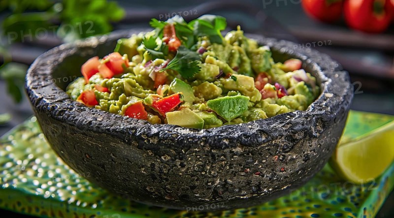 Traditional Mexican healthy cuisine, avocado guacamole served on molcajete. Healthy diet concept, AI generated