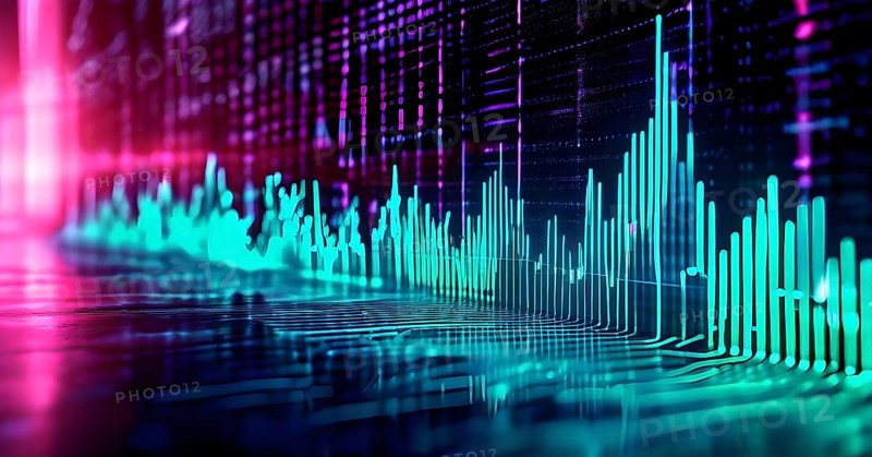 Glowing digital wave forms fluctuating in sync with a pulsating grid background, representing the heartbeat of artificial intelligence, AI generated