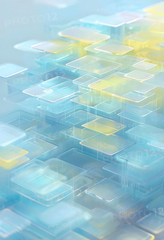 Layers of translucent squares moving in a synchronized flow, resembling dynamic data visualization, AI generated