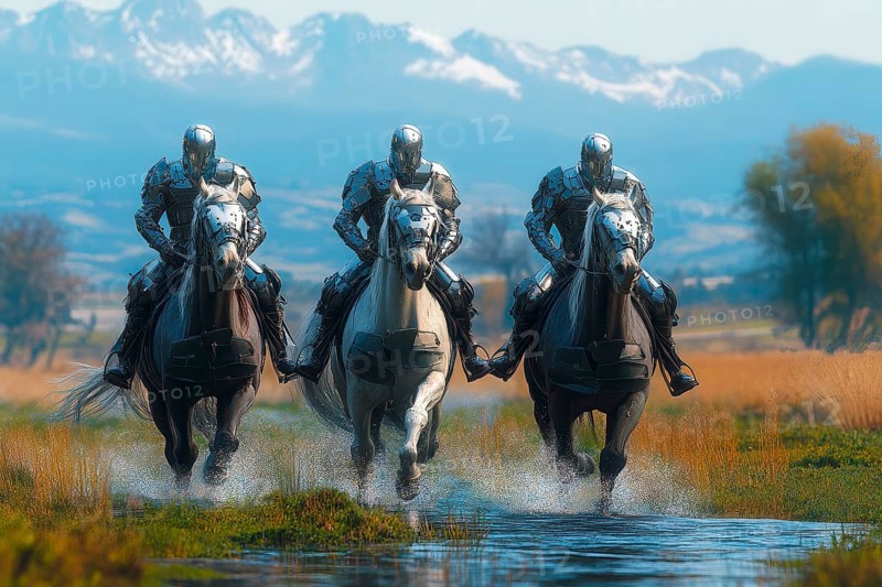 Cyborg soldiers in full battle armor riding white horses in water, AI generated
