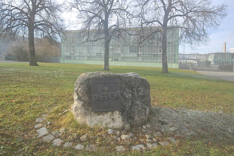 Monument to the founder of the toy factory Margarete Steiff on her 150th birthday and the Steiff company building, memorial plaque, Margarete-Steiff-Platz, Giengen an der Brenz, Swabian Alb, Baden-Württemberg, Germany, Europe