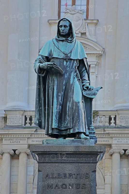 Monument to the medieval bishop and scholar Albertus Magnus, Albert of Cologne, sculpture, inscription, Lauingen, Donauried, Bavaria, Germany, Europe
