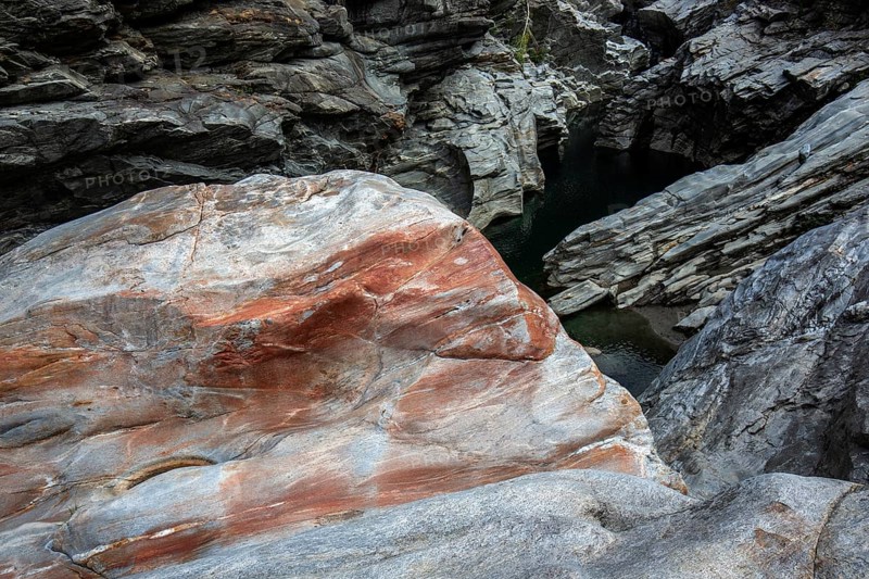 Rocks, granite rock formations in the Maggia River near Ponte Brolla, in the Maggia Valley, Valle Maggia, Canton Ticino, Switzerland, Europe