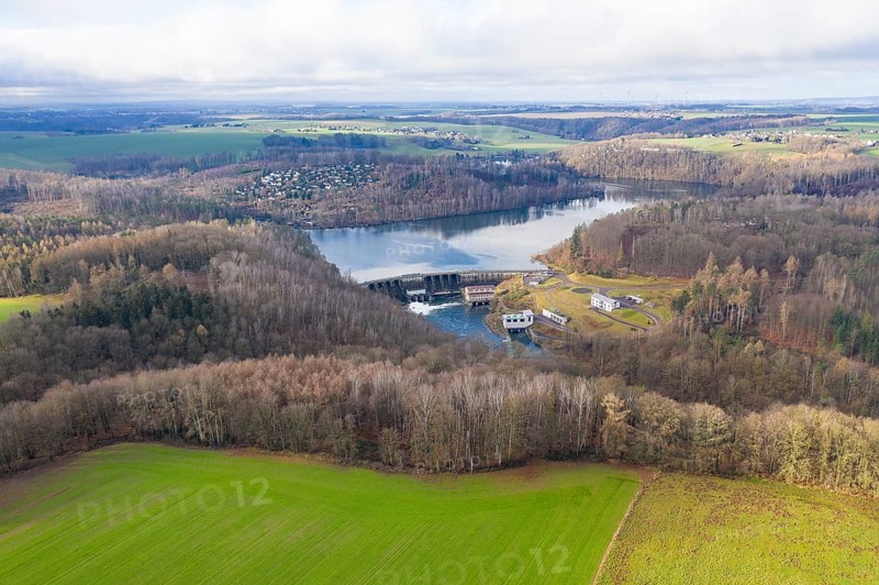 Kriebstein Dam with dam wall and hydroelectric power plant power station, Zschopau Valley, Saxony, Germany, Europe