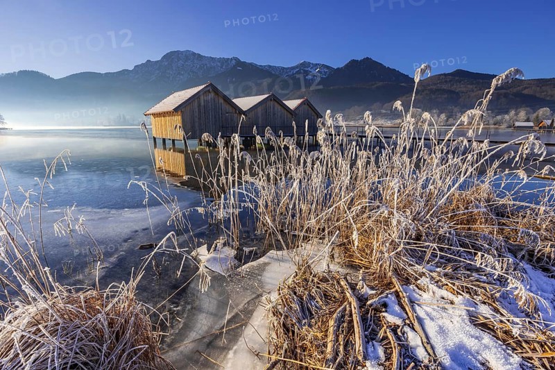 Boat huts, icy shore, lake, morning light, fog, snow, winter, mountains, Lake Kochel, Schlehdorf, behind Herzogstand, Heimgarten, Alpine foothills, Bavaria, Germany, Europe